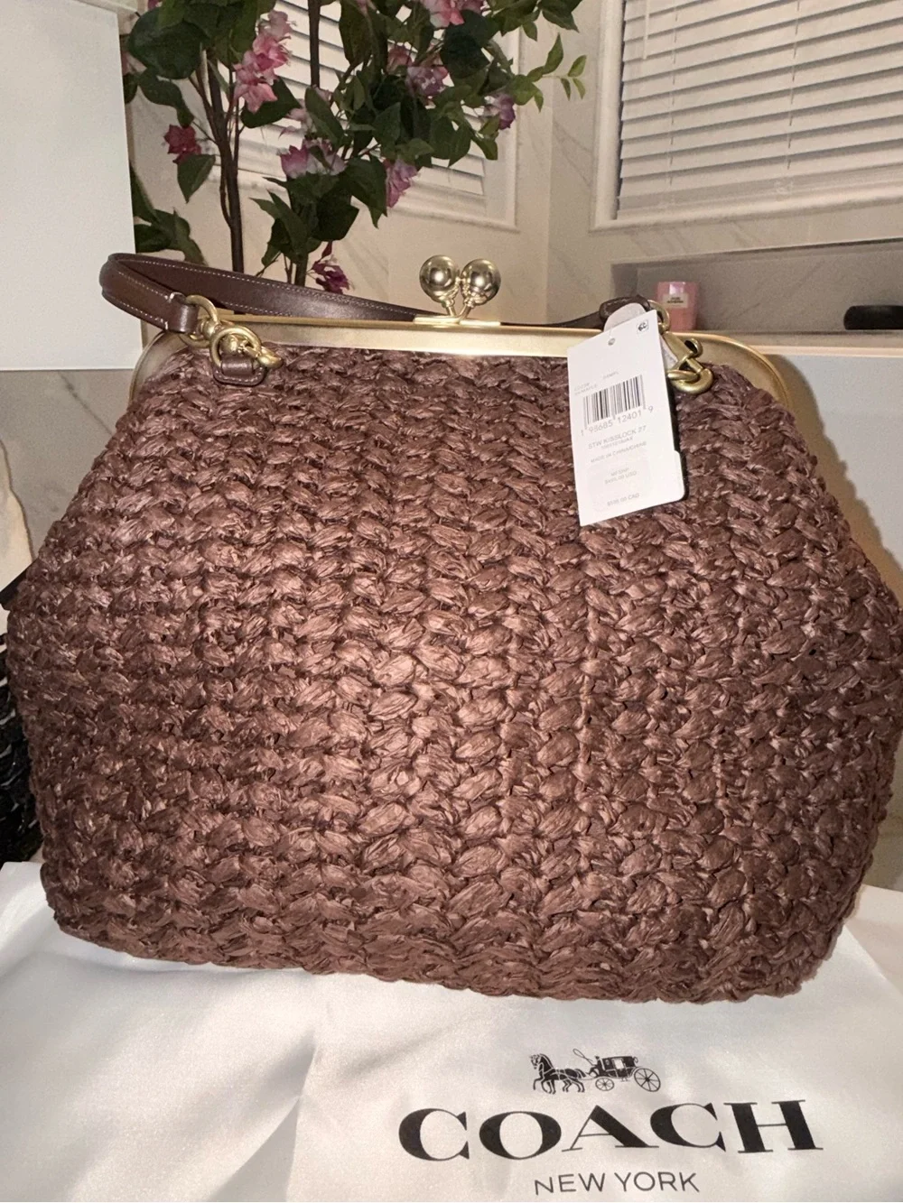 Coach Kisslock 27 Frame  Woven Straw Bag Brown NWT